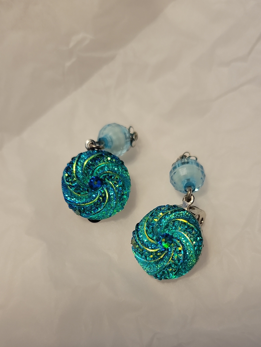 Vintage Teal Swirl Drop Earrings with Light Blue Bead Accents
